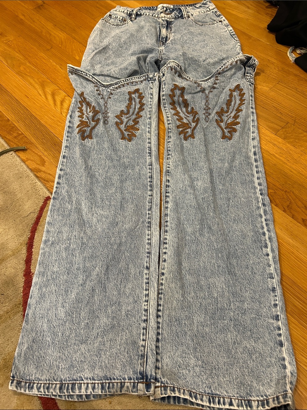 Fashion Nova Light Wash Wide Leg Jeans with Brown Embroidery